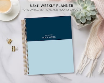 May include: A blue and light blue 8.5x11 weekly planner with gold wire-o binding. The planner has the text "2024 Planner" and "TRACE MCGEE" printed on the cover.