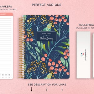 Personalized Planner 2024-2025 Calendar Add Monthly Tabs Custom Weekly Planner 6x9 Planner Agenda Navy Watercolor Floral image 9