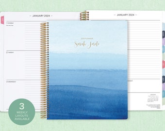 8.5x11 weekly planner  2024 2025 | choose your start month | 12 month calendar | LARGE WEEKLY PLANNER | blue watercolor ombré