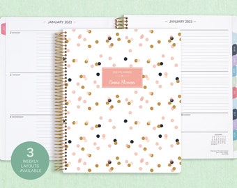8.5x11 weekly planner  2024 2025 | choose your start month | 12 month calendar | LARGE WEEKLY PLANNER | pink confetti dots