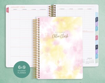 STUDENT PLANNER 6x9 2024-2025 calendar | personalized weekly academic planner | choose your start month | pink yellow splatter tie dye