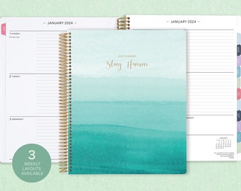 8.5x11 weekly planner  2024 2025 | choose your start month | 12 month calendar | LARGE WEEKLY PLANNER | teal watercolor ombré