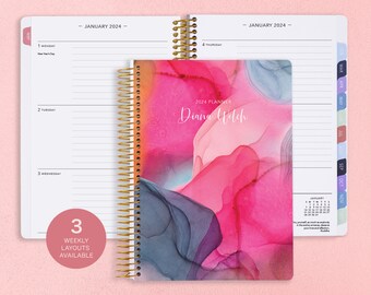 6x9 Personalized Planner 2024-2025 Calendar - Add Monthly Tabs Custom Weekly Student Planner - Planner Agenda - Bright Pink Gray Flowing Ink