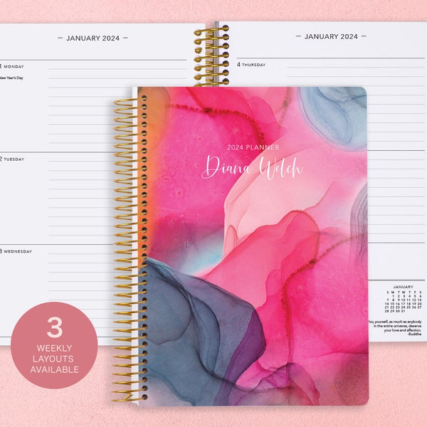 6x9 Personalized Planner 2024-2025 Calendar - Add Monthly Tabs Custom Weekly Student Planner - Planner Agenda - Bright Pink Gray Flowing Ink
