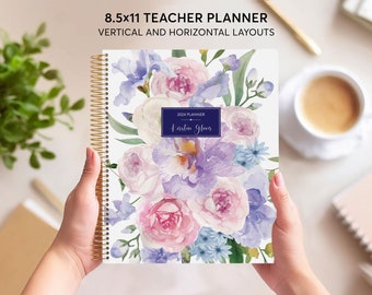 TEACHER PLANNER 2026-2027 - vertical or horizontal layout 8.5x11 - lesson plan calendar - planbook - flirty florals mauve - No Tariffs