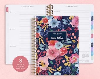 2023 planner weekly planner | 12 month calendar | add monthly tabs student planner | personalized agenda | navy blue pink watercolor floral