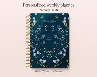 Personalized Weekly Planner 2027 - 12 Month Calendar - 6x9 Weekly Planner 2026-2027 - Custom Agenda - Flower Frame Blue
