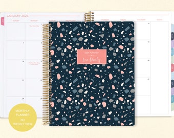 8.5x11 MONTHLY PLANNER notebook | 2024 2025 no weekly view | choose your start month | 12 month calendar | navy terrazzo