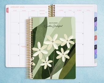 MONTHLY PLANNER - 2024 2025 No Weekly View - Choose Your Start Month - 12 Month Calendar Monthly Tabs Personalized - Abstract Florals Green