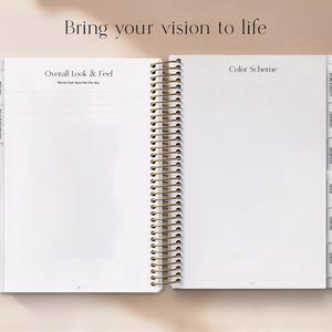 May include: Open spiral-bound notebook with blank white pages. The notebook is open to a double-page spread with the headings "Overall Look & Feel" and "Color Scheme". The text "Bring your vision to life" is at the top.