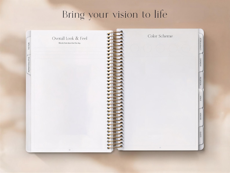 May include: Open spiral-bound notebook with blank white pages. The notebook is open to a double-page spread with the headings "Overall Look & Feel" and "Color Scheme". The text "Bring your vision to life" is at the top.