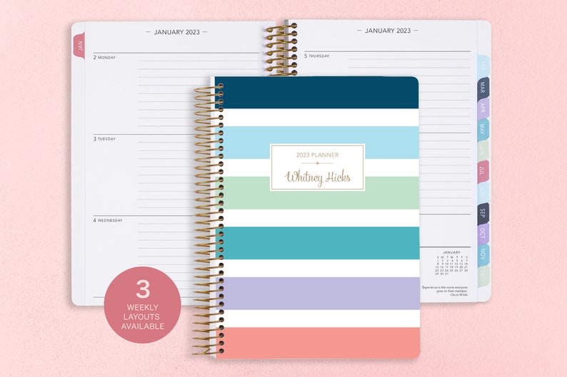 6x9 inches Posy Paper Co. 2023/2024 weekly planner with the colorful stripes big cover design showcasing horizontal layout in the background