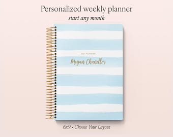 2027 Personalized Planner - Academic Planner - 2026-2027 Daytimer - Student Agenda - Blue Watercolor Stripes