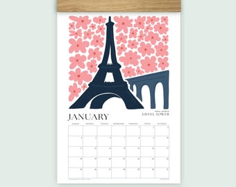 Travel Calendar with Wood Hanger 11x16 Inch - Custom Start Month, Refill Sheets Available - Modern Travel Wall Calendar - NO TARIFFS