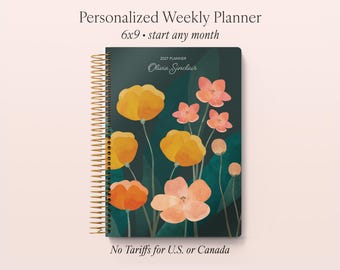 2027 Personalized Planner - 2026-2027 Weekly Planner - Custom - Best Academic Planners - Abstract Florals Green Multicolor - NO TARIFFS