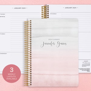 Personalized Planner 2024 - 2025 Weekly Planner - Planner for 2024 - Custom Planner - Gifts for Mom - Pink Grey Watercolor Gradient