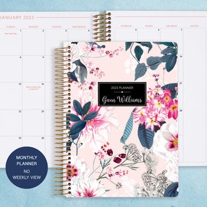 MONTHLY PLANNER notebook | 2024 2025 no weekly view | choose your start month | 12 month calendar | pink blue elegant floral