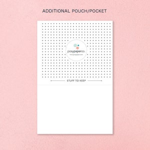 May include: A white pouch with a black dotted pattern and the text "STUFF TO KEEP" printed on the front. The pouch has a small circle with the text "posypaperco." and a website address printed on it.