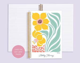 personalized NOTEBOOK | dot journal | travel journal | dot grid notebook | lined | spiral notebook | Artful Flowers Daffodil