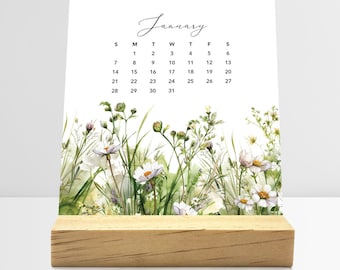 2024 Meadow Floral Desk Calendar with Wood Stand | Monthly Desk Calendar | Choose Your Start Month | Coworkers Gift | Office Decor