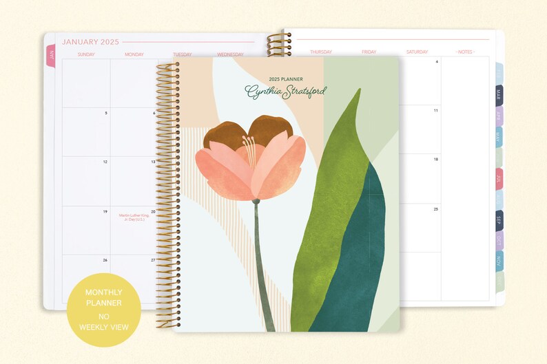 8.5x11 MONTHLY PLANNER Notebook 2024 2025 No Weekly View Choose Your Start Month 12 Month Calendar Abstract Florals Multicolor image 1