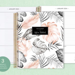 8.5x11 weekly planner  2024 2025 | choose your start month | 12 month calendar | LARGE WEEKLY PLANNER | blush grey tropical