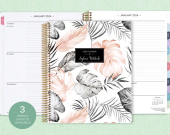 8.5x11 weekly planner  2024 2025 | choose your start month | 12 month calendar | LARGE WEEKLY PLANNER | blush grey tropical