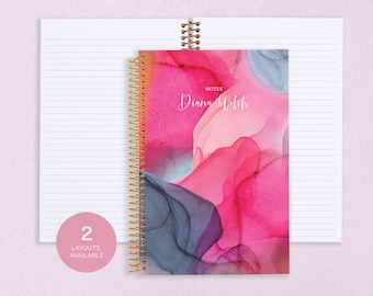 personalized NOTEBOOK | journal | travel journal | dot grid notebook | lined | spiral notebook | bright pink gray flowing ink
