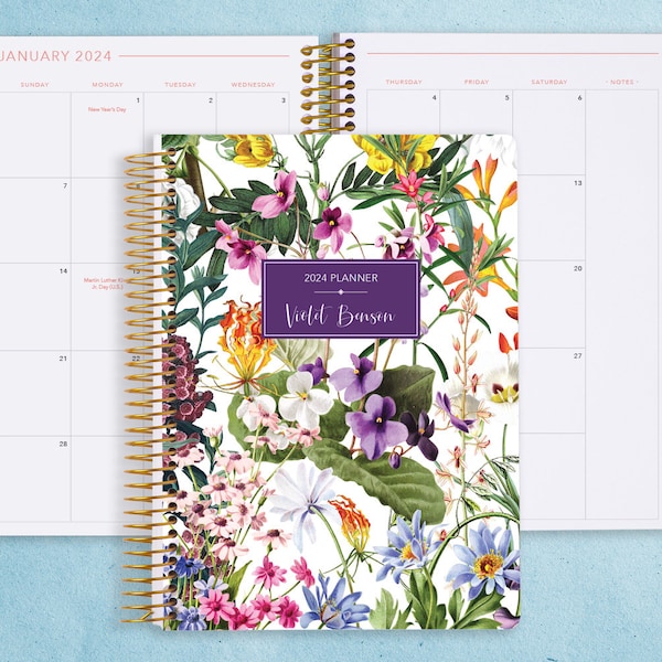 MONTHLY PLANNER | 2024 2025 no weekly view | choose your start month | 12 month calendar monthly tabs personalized | colorful florals white