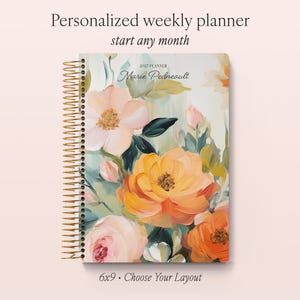 May include: A spiral-bound weekly planner with a floral cover featuring painted peach, orange, and pink flowers on a light background. The text reads Personalized weekly planner, start any month, 2027 PLANNER, Marie Pedneault, and 6x9 • Choose Your Layout.