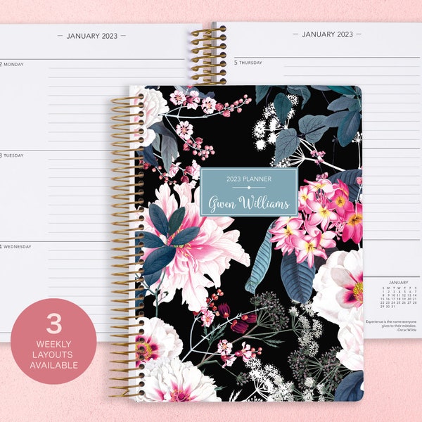 Personalized Planner 2024 - 12 Month Calendar - Weekly Planner 2024-2025 - Custom Agenda - Gifts for Mom - Black Pink Elegant Floral