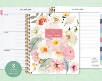 8.5x11 weekly planner  2024 2025 | choose your start month | 12 month calendar | add your name | LARGE WEEKLY PLANNER | flirty florals blush