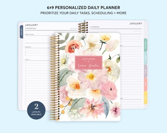 DAILY PLANNER - Personalized Productivity Planner - 2025 2026 - 6x9 Hourly Planner - Flirty Florals Blush