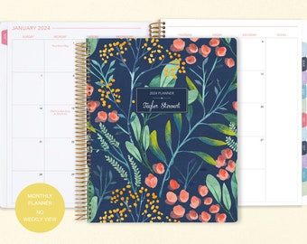 8.5x11 MONTHLY PLANNER notebook | 2024 2025 no weekly view | choose your start month | 12 month calendar | navy watercolor floral
