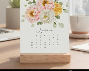 Calendrier de bureau Flirty Florals avec support en bois | 2026-2027 Choisissez votre mois de départ | Cadeau Fête des Mères | Décoration de bureau - SANS TARIFS
