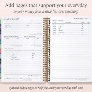The image is a spiral-bound notebook with a Monthly Budget page, which includes a Monthly Expenses page. The notebook is open and appears to be filled with various expenses and income details, such as rent, groceries, utilities, and other miscellaneous costs. The notebook also includes a Monthly Savings Goal page, which shows the amount of money that should be saved each month. The notebook is designed to help users track their spending and manage their finances more effectively.
