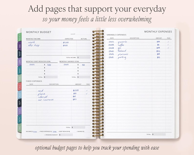 The image is a spiral-bound notebook with a Monthly Budget page, which includes a Monthly Expenses page. The notebook is open and appears to be filled with various expenses and income details, such as rent, groceries, utilities, and other miscellaneous costs. The notebook also includes a Monthly Savings Goal page, which shows the amount of money that should be saved each month. The notebook is designed to help users track their spending and manage their finances more effectively.