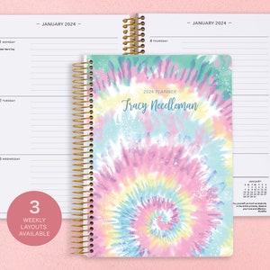 Personalized Planner 2024 | 12 Month Calendar | 6x9 Weekly Planner 2024-2025 | Custom Agenda | Gifts for Mom | Teal Spiral Tie Dye