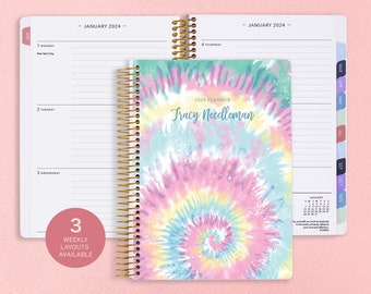 Personalized Planner 2024 | 12 Month Calendar | 6x9 Weekly Planner 2024-2025 | Custom Agenda | Gifts for Mom | Teal Spiral Tie Dye