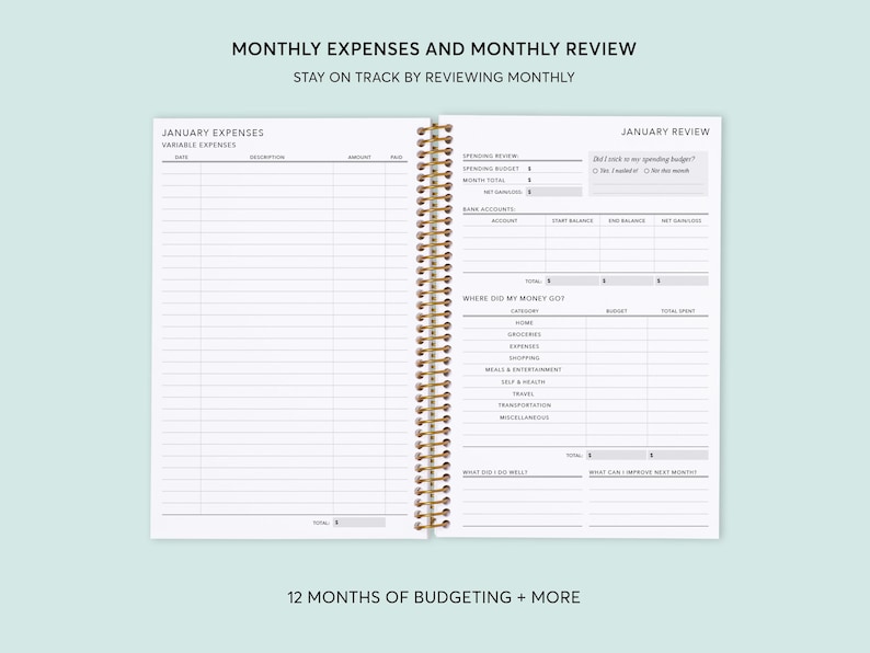 May include: A monthly budget planner with a white cover and gold spiral binding. The planner includes sections for tracking monthly expenses, reviewing spending, and setting financial goals. The text on the cover reads "Monthly Expenses and Monthly Review" and "Stay on Track by Reviewing Monthly".