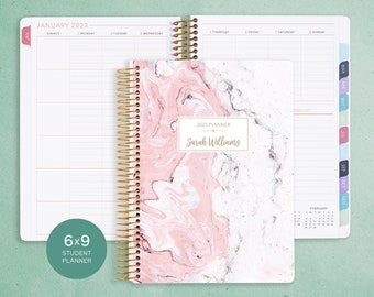 STUDENT PLANNER 6x9 2024-2025 calendar | personalized weekly academic planner | choose your start month | pink marble