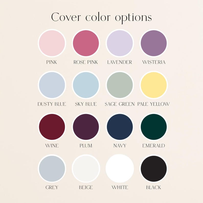May include: A color chart with the text "Cover color options" at the top. The chart displays 16 color options in circles, including pink, rose pink, lavender, wisteria, dusty blue, sky blue, sage green, pale yellow, wine, plum, navy, emerald, grey, beige, white, and black.