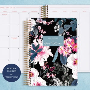 MONTHLY PLANNER notebook | 2024 2025 no weekly view | choose your start month | 12 month calendar | black pink elegant floral