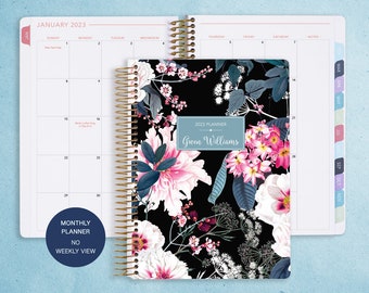 MONTHLY PLANNER notebook | 2024 2025 no weekly view | choose your start month | 12 month calendar | black pink elegant floral