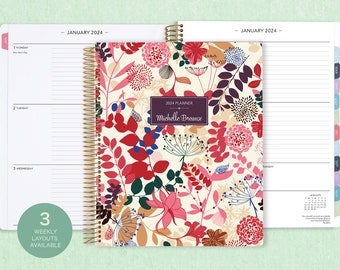 8.5x11 weekly planner  2024 2025 | choose your start month | 12 month calendar | LARGE WEEKLY PLANNER | purple pink floral