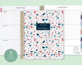 8.5x11 weekly planner  2024 2025 | choose your start month | 12 month calendar | LARGE WEEKLY PLANNER | pink teal terrazzo