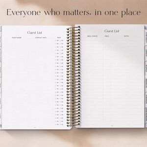May include: Open spiral-bound wedding planner with a white interior. The planner is open to a guest list page, with sections for guest name, contact info, and RSVP. The text "Everyone who matters, in one place" is at the top.