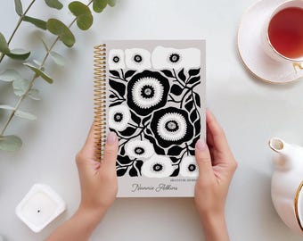 GRATITUDE JOURNAL | Daily Journal with Prompts | Affirmations I Personalized Gratitude Journal | Artful Flowers Black and White | No Tariffs