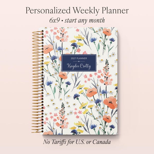 Personalized Planner 2027 - 12 Month Calendar - 6x9 Weekly Planner 2026-2027 - Gifts for Mom - Field Flowers Blue - NO TARIFFS