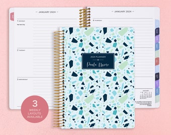 6x9 Academic Planner 2024-2025 Calendar - Weekly Student Planner - Add Monthly Tabs - Personalized Planner Agenda - Blue Green Terrazzo